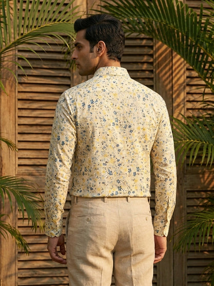 Cream Flower Printed Designer Full Sleeve Shirt
