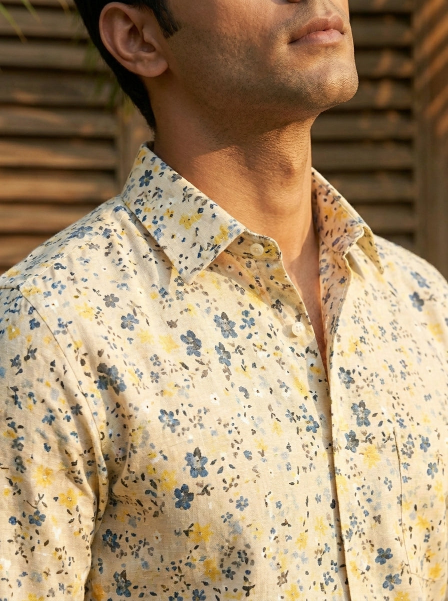 Cream Flower Printed Designer Full Sleeve Shirt