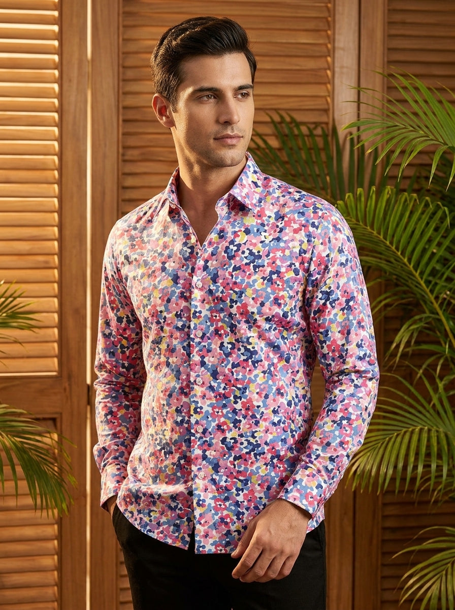 Pink And Blue Flower Printed Designer Full Sleeve Shirt