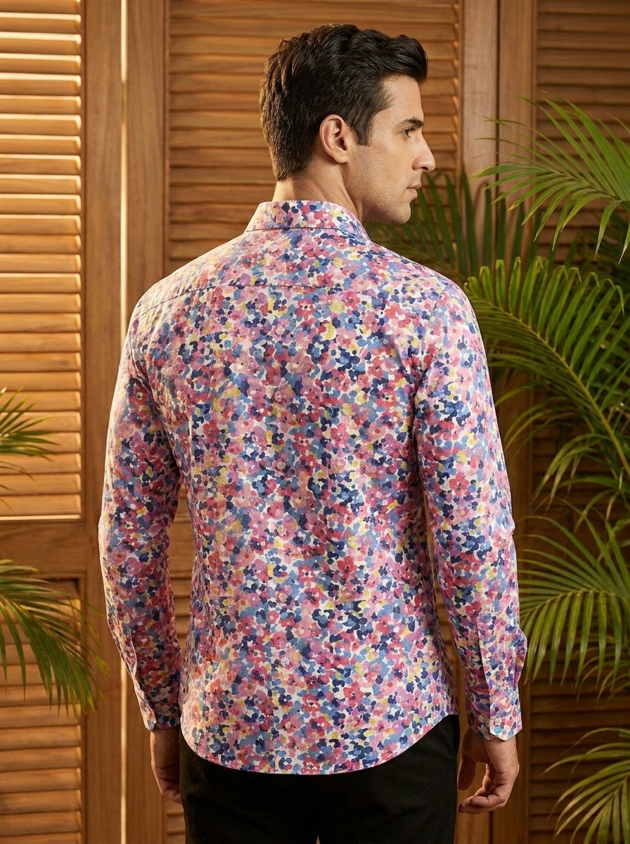 Pink And Blue Flower Printed Designer Full Sleeve Shirt
