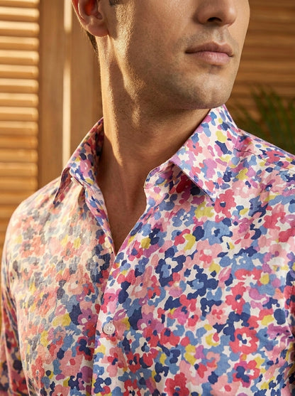 Pink And Blue Flower Printed Designer Full Sleeve Shirt