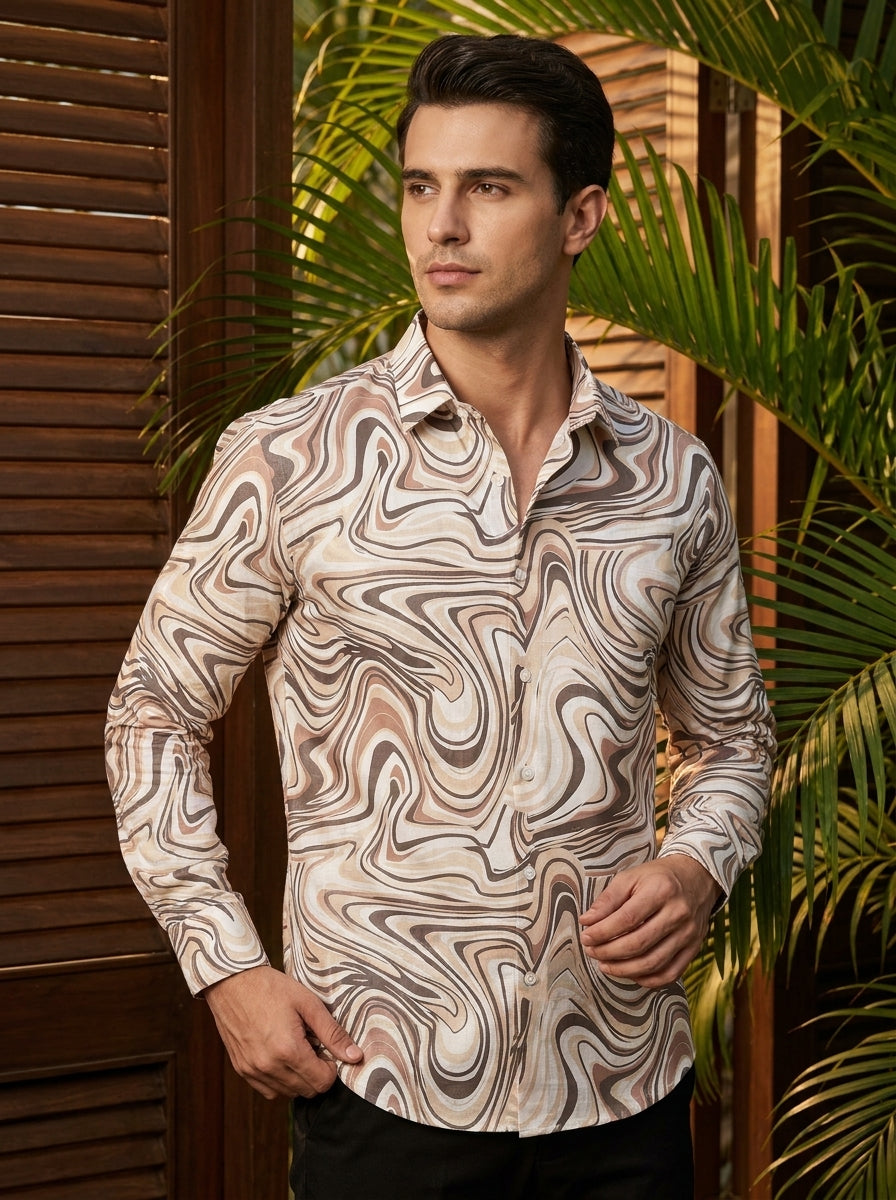 Cream Marble Pattern Printed Designer Full Sleeve Shirt
