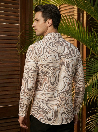 Cream Marble Pattern Printed Designer Full Sleeve Shirt