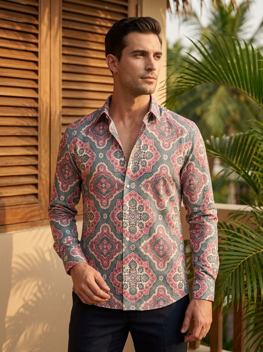 Olive Green Ethnic Pattern Printed Designer Full Sleeve Shirt