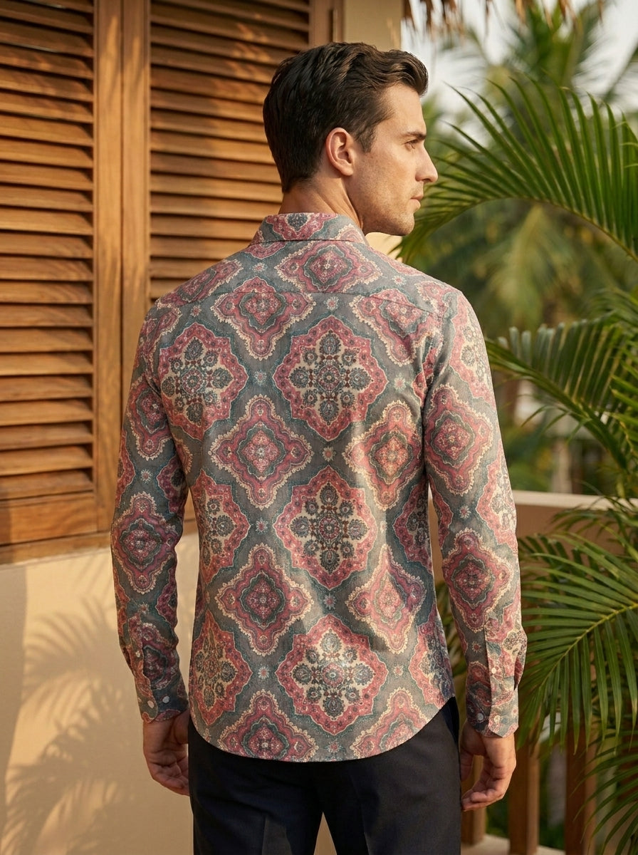 Olive Green Ethnic Pattern Printed Designer Full Sleeve Shirt