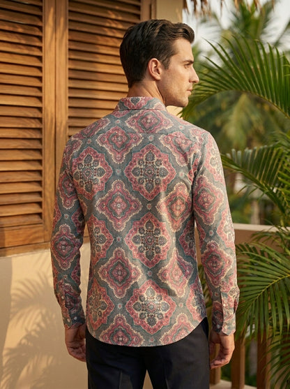 Olive Green Ethnic Pattern Printed Designer Full Sleeve Shirt