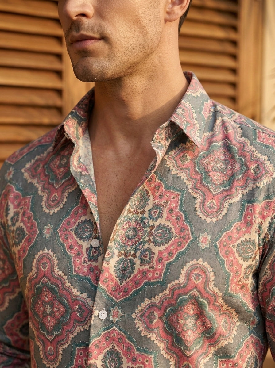 Olive Green Ethnic Pattern Printed Designer Full Sleeve Shirt
