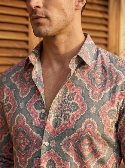Olive Green Ethnic Pattern Printed Designer Full Sleeve Shirt
