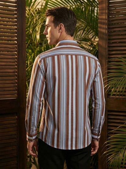 Brown And Blue Striped Printed Designer Full Sleeve Shirt