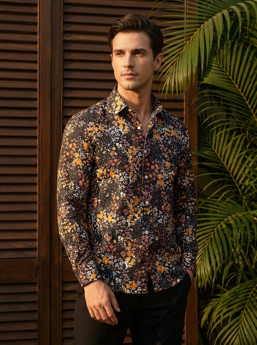 Black Flower Printed Designer Full Sleeve Shirt