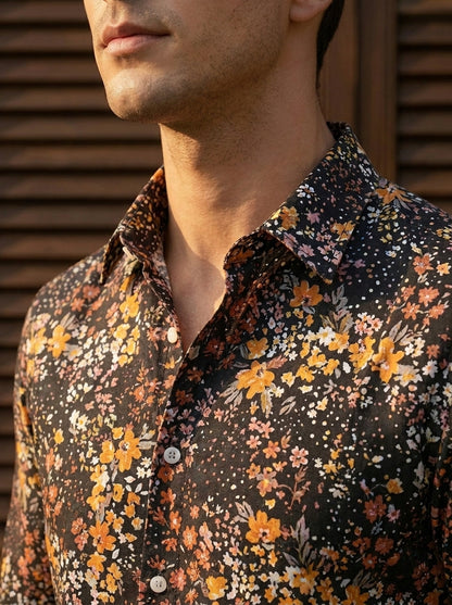Black Flower Printed Designer Full Sleeve Shirt