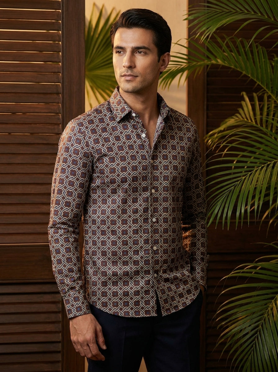 Dark Brown Chain Printed Designer Full Sleeve Shirt