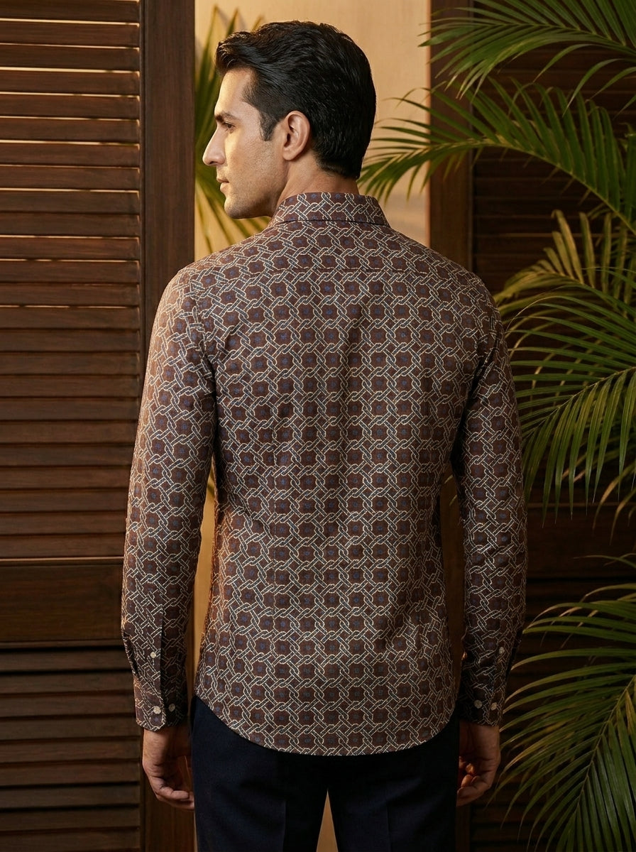 Dark Brown Chain Printed Designer Full Sleeve Shirt