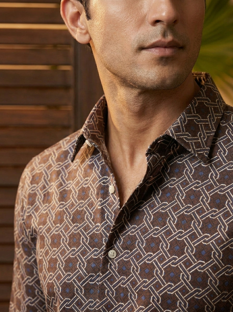 Dark Brown Chain Printed Designer Full Sleeve Shirt
