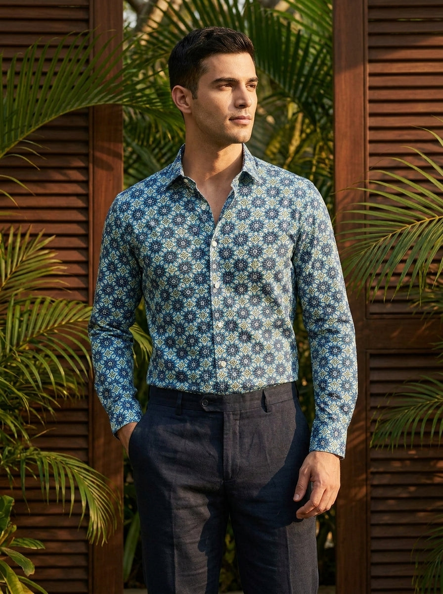 Blue Ethnic Pattern Printed Designer Full Sleeve Shirt