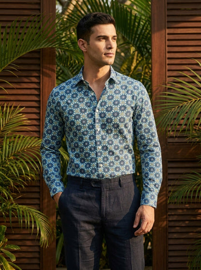 Blue Ethnic Pattern Printed Designer Full Sleeve Shirt