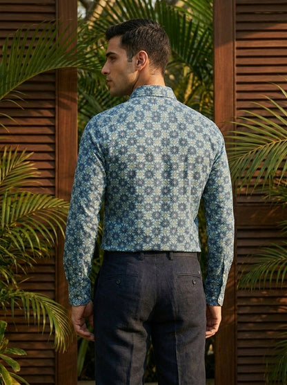 Blue Ethnic Pattern Printed Designer Full Sleeve Shirt