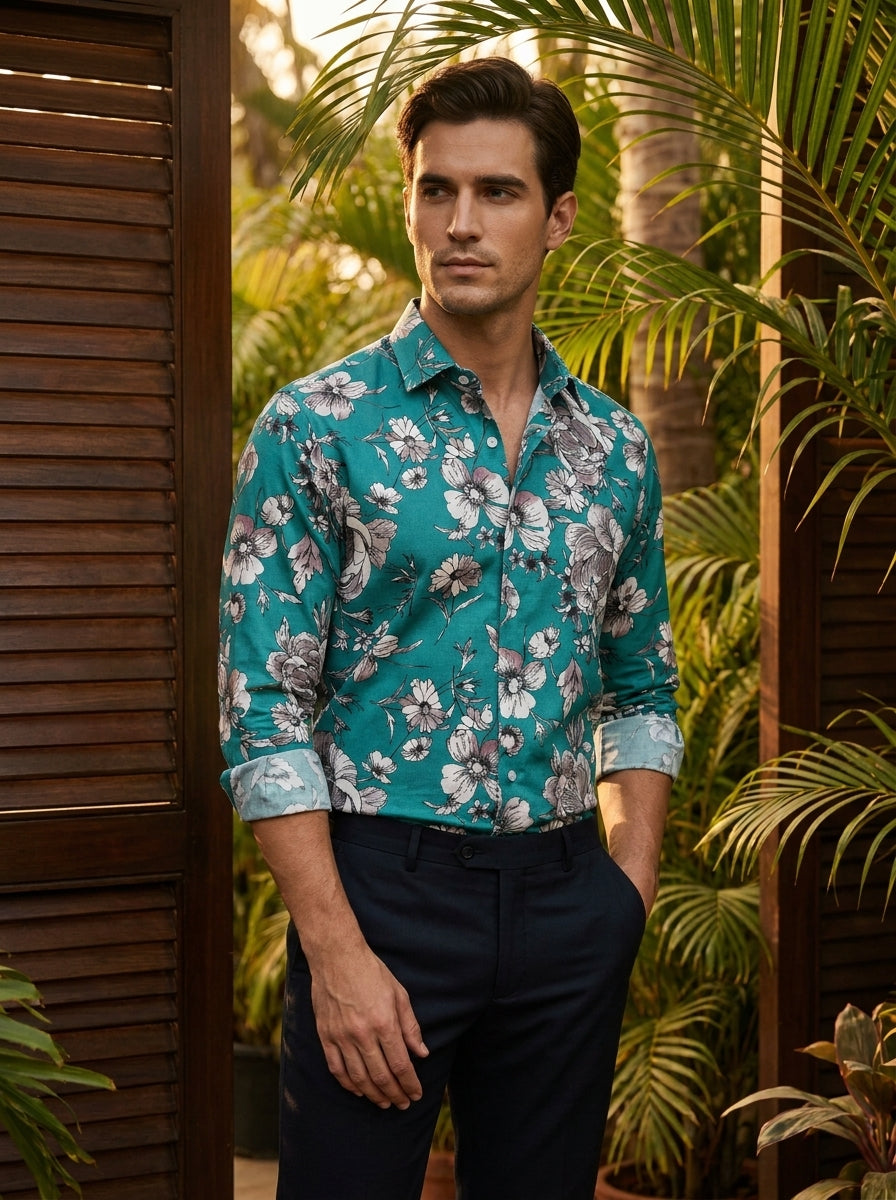 Cyan Flower Printed Designer Full Sleeve Shirt