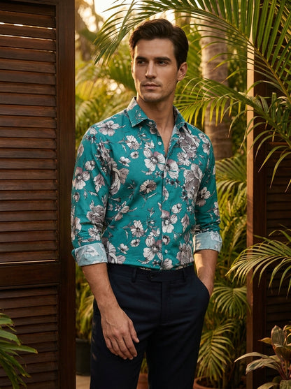 Cyan Flower Printed Designer Full Sleeve Shirt