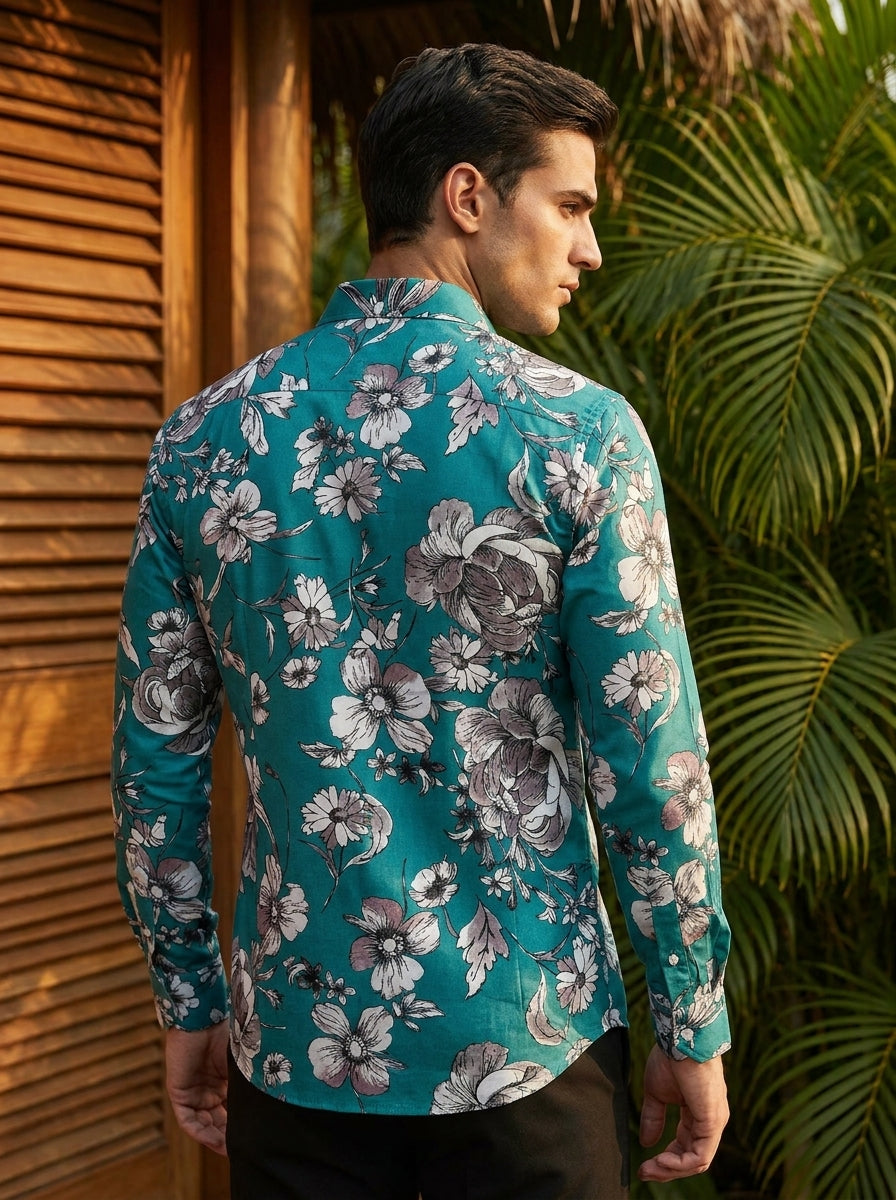 Cyan Flower Printed Designer Full Sleeve Shirt
