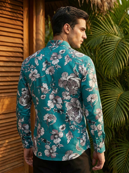Cyan Flower Printed Designer Full Sleeve Shirt