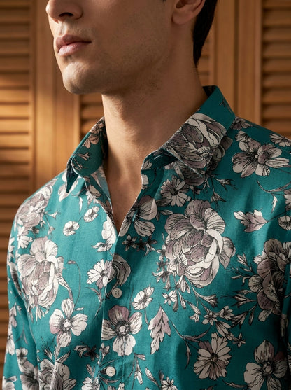 Cyan Flower Printed Designer Full Sleeve Shirt