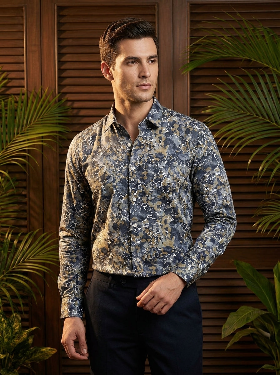 Navy Blue Marble Pattern Printed Designer Full Sleeve Shirt