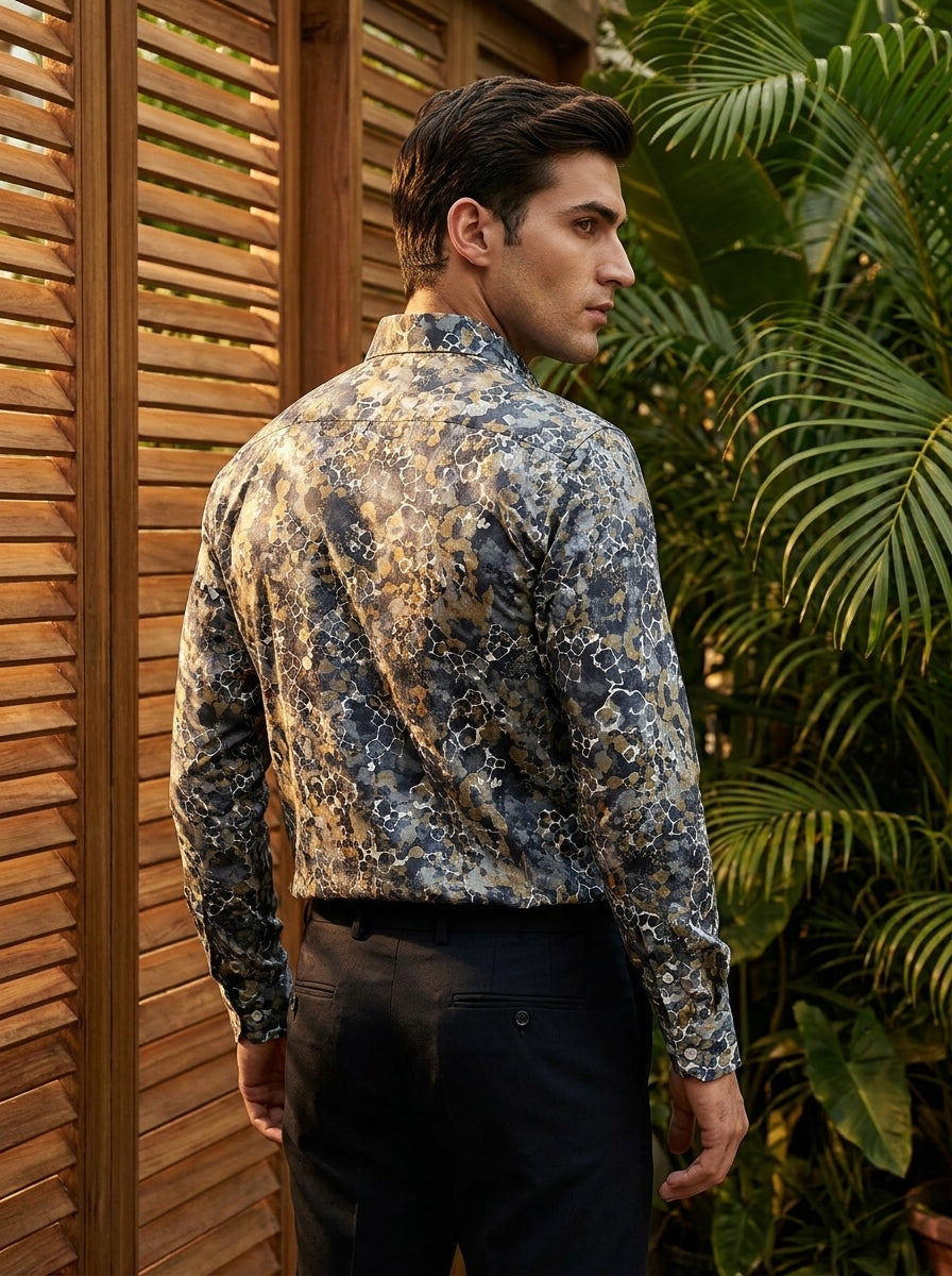 Navy Blue Marble Pattern Printed Designer Full Sleeve Shirt