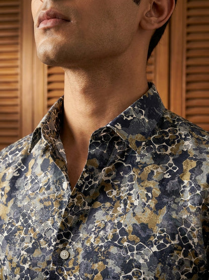 Navy Blue Marble Pattern Printed Designer Full Sleeve Shirt