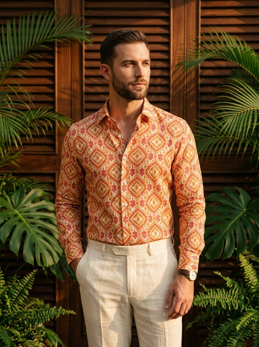 Orange Ethic Pattern Printed Designer Full Sleeve Shirt