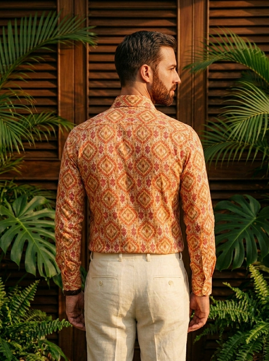 Orange Ethic Pattern Printed Designer Full Sleeve Shirt