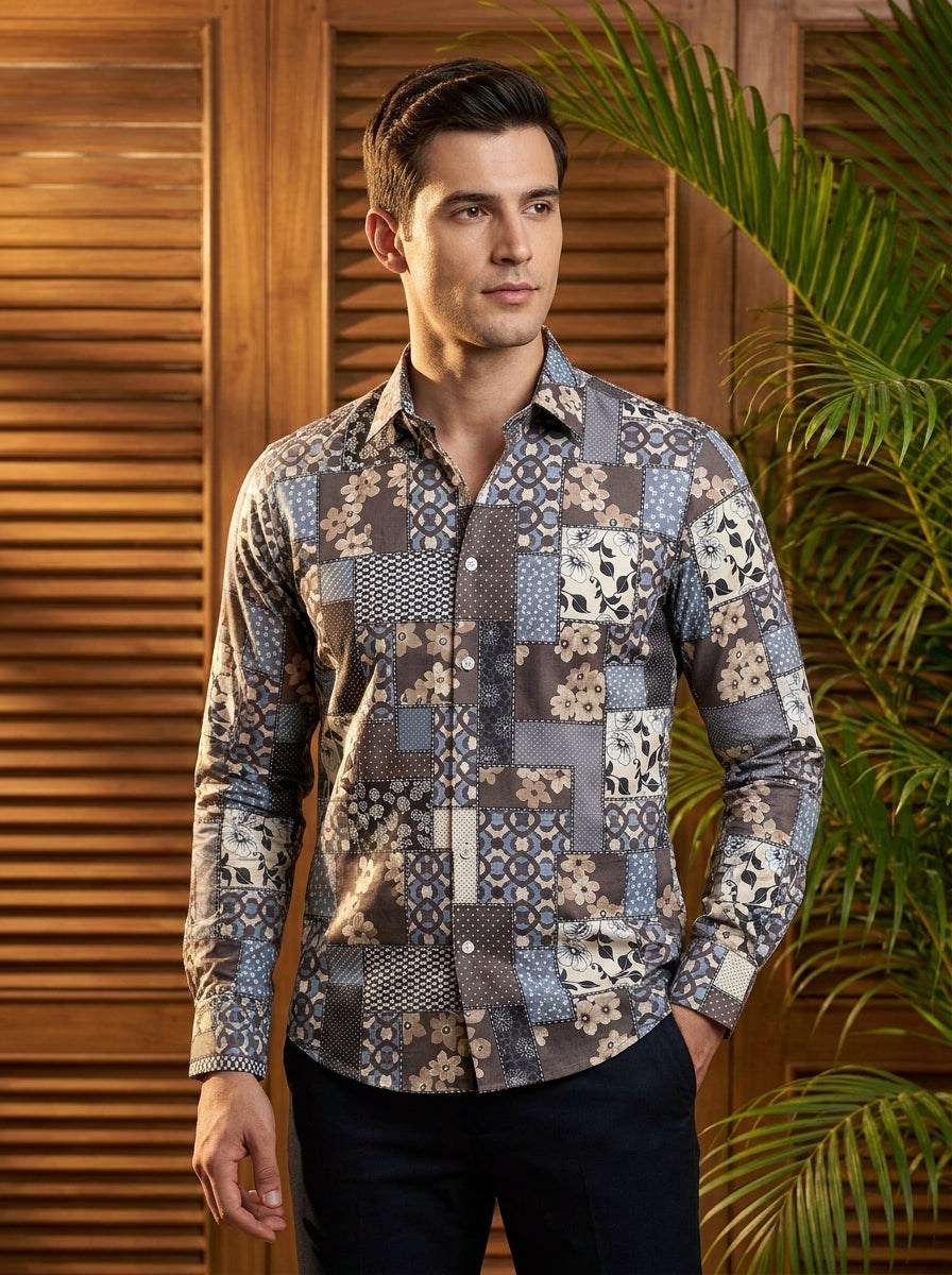 Grey And Blue Printed Designer Full Sleeve Shirt