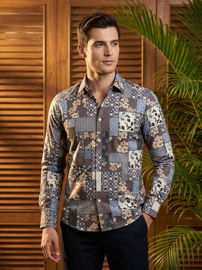 Grey And Blue Printed Designer Full Sleeve Shirt