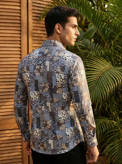 Grey And Blue Printed Designer Full Sleeve Shirt