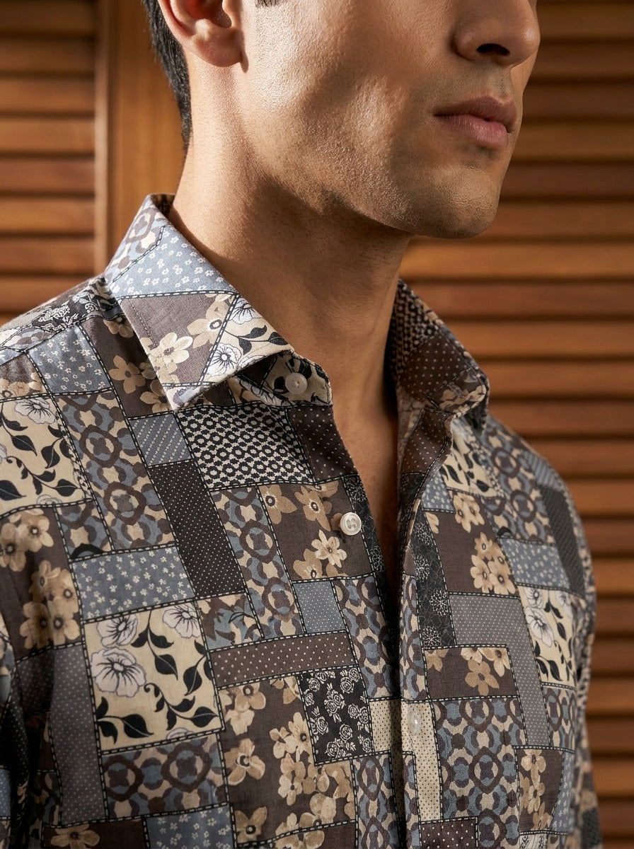 Grey And Blue Printed Designer Full Sleeve Shirt