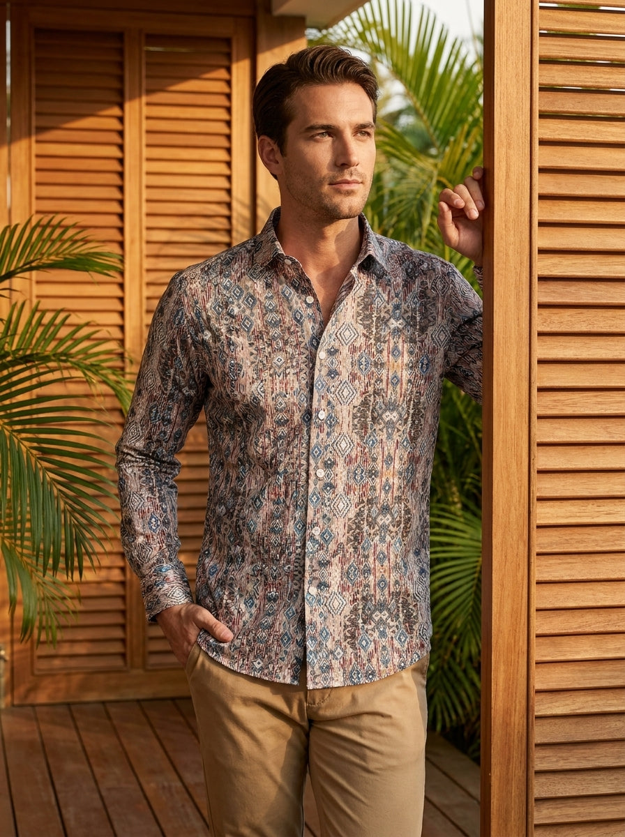 Cream And Blue Ethic Pattern Printed Designer Full Sleeve Shirt