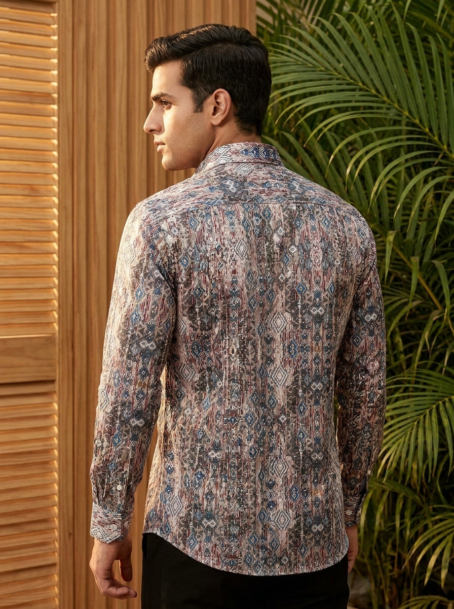 Cream And Blue Ethic Pattern Printed Designer Full Sleeve Shirt