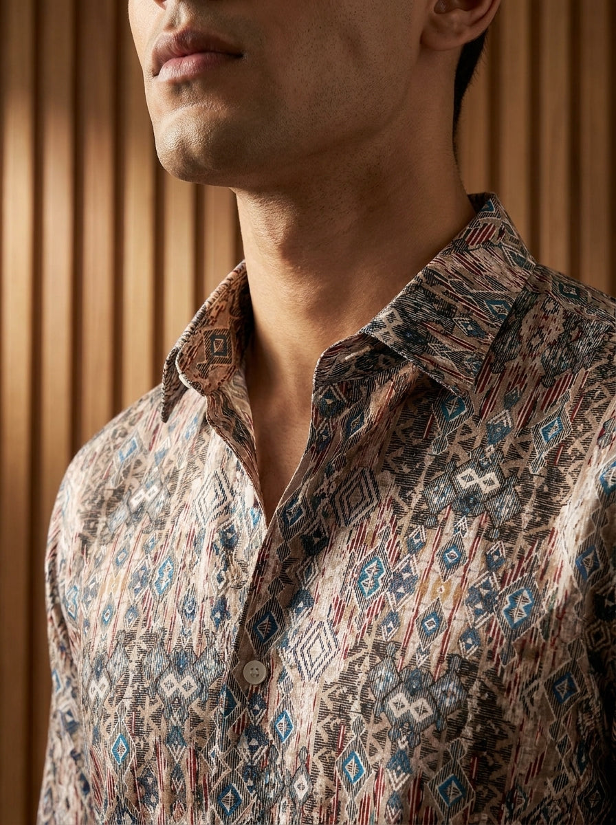 Cream And Blue Ethic Pattern Printed Designer Full Sleeve Shirt