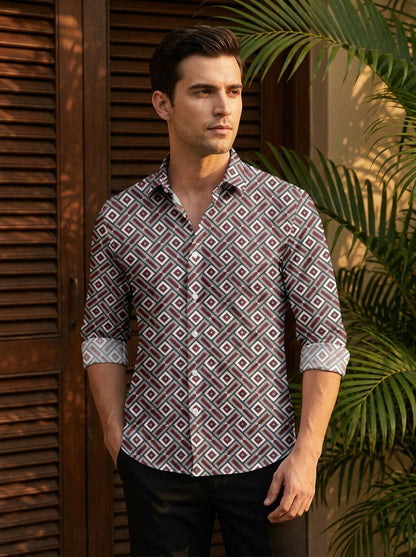 Brown And Green Block Printed Designer Full Sleeve Shirt