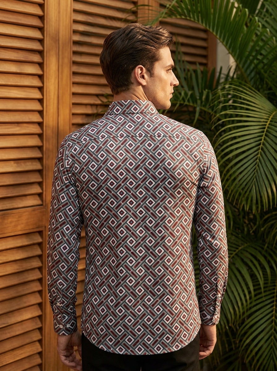 Brown And Green Block Printed Designer Full Sleeve Shirt