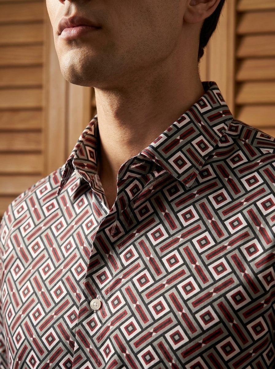 Brown And Green Block Printed Designer Full Sleeve Shirt