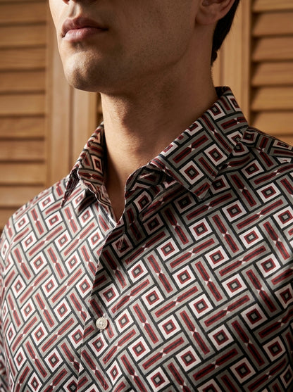 Brown And Green Block Printed Designer Full Sleeve Shirt