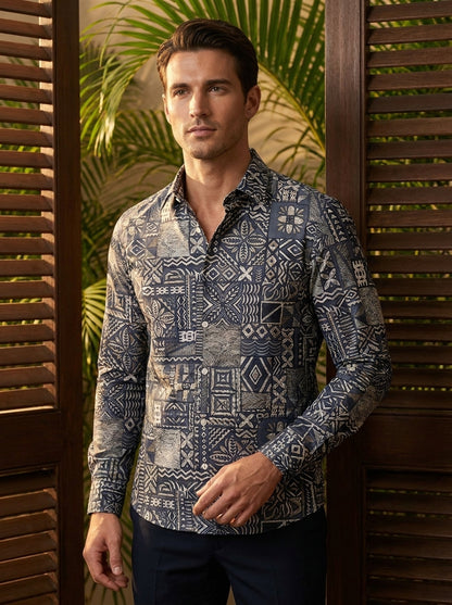Grey And Blue Motif Printed Designer Full Sleeve Shirt