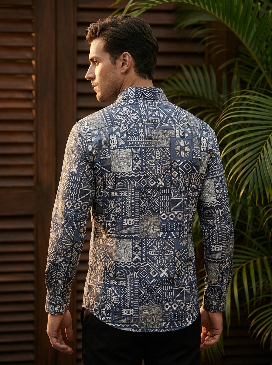 Grey And Blue Motif Printed Designer Full Sleeve Shirt