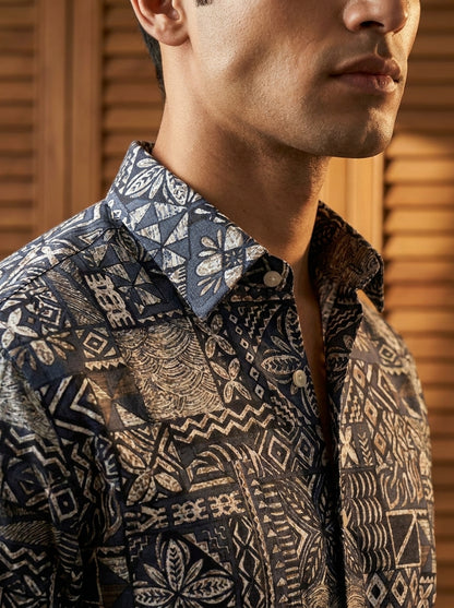 Grey And Blue Motif Printed Designer Full Sleeve Shirt