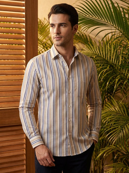 Cream Striped Printed Designer Full Sleeve Shirt