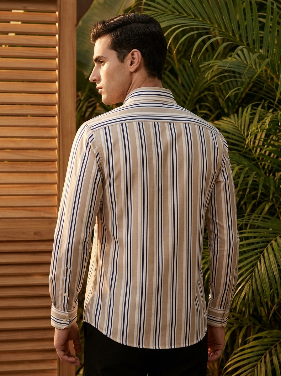 Cream Striped Printed Designer Full Sleeve Shirt