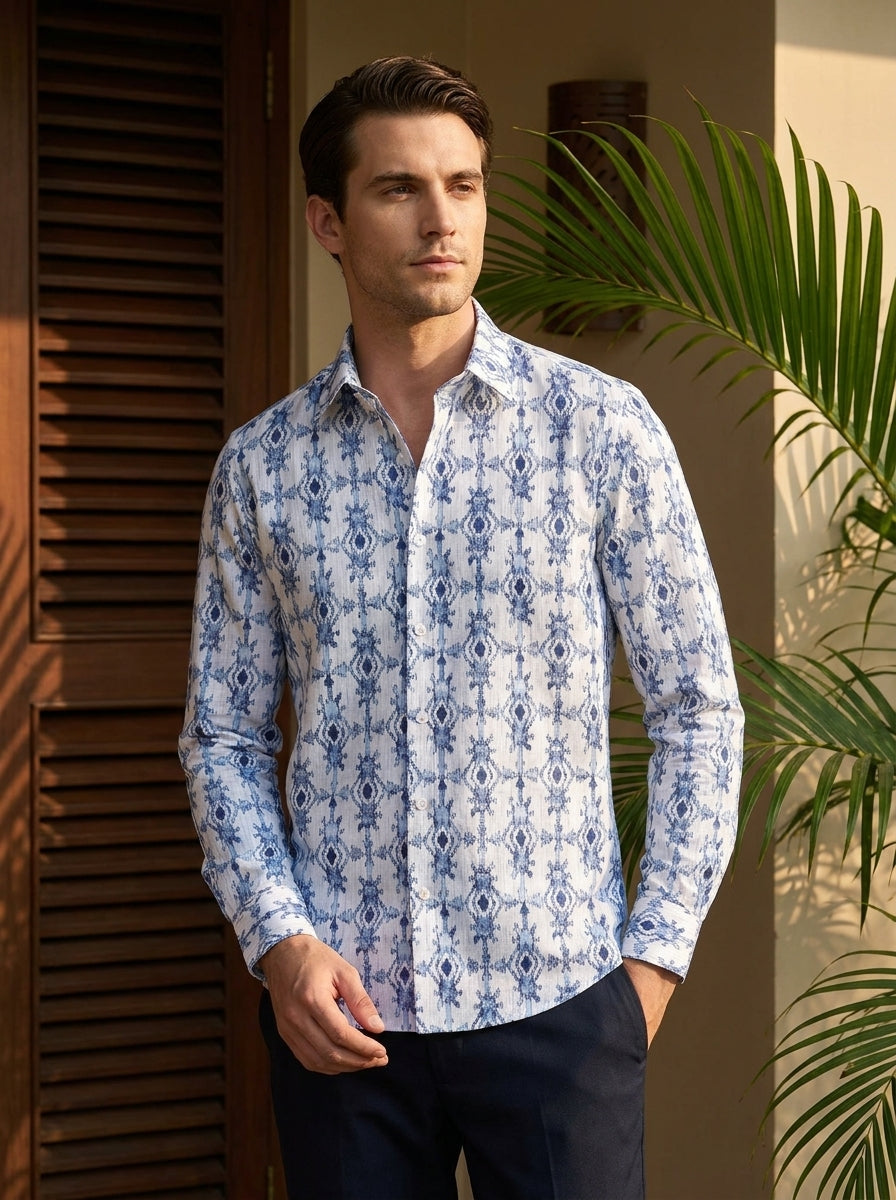 Sky Blue Ikkat Printed Designer Full Sleeve Shirt