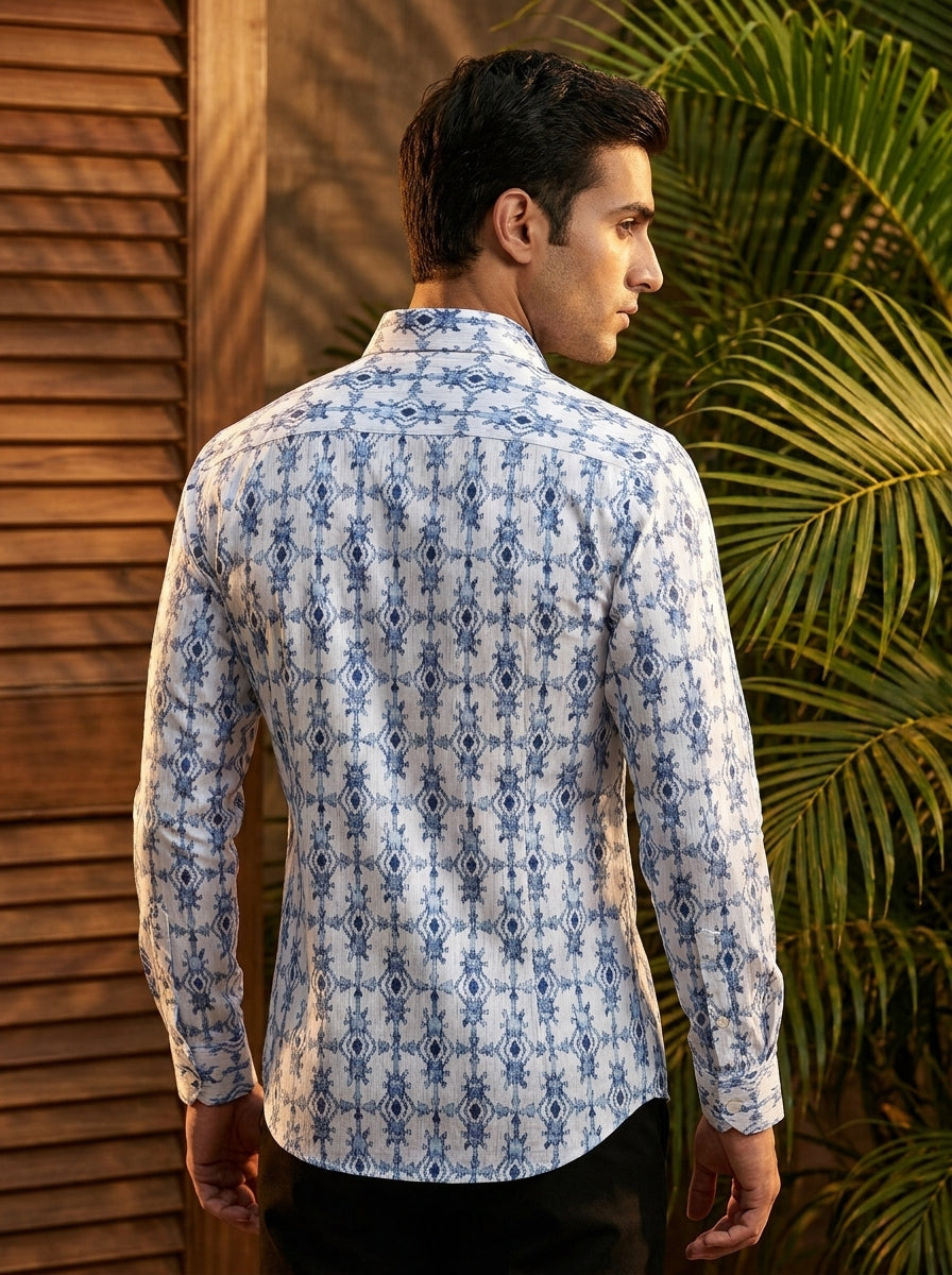 Sky Blue Ikkat Printed Designer Full Sleeve Shirt