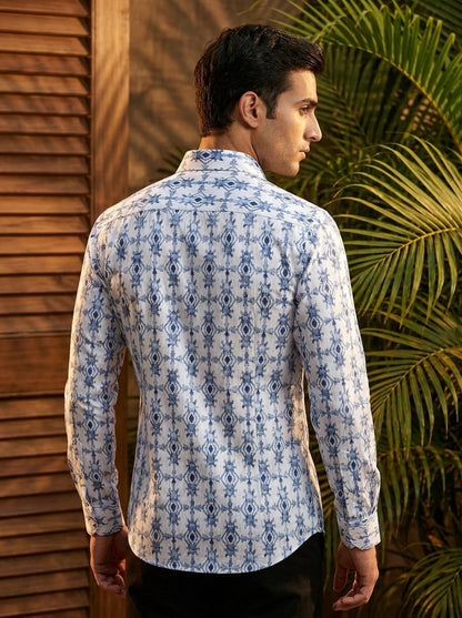 Sky Blue Ikkat Printed Designer Full Sleeve Shirt
